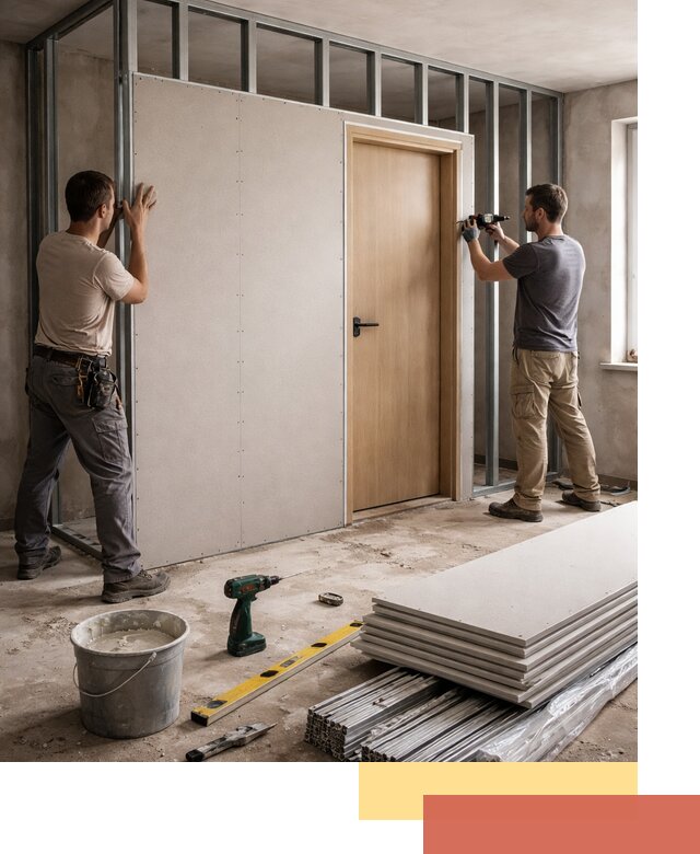 Перегородка из гипсокартона с дверью под ключ в Ухте