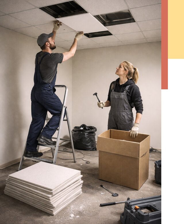 Демонтаж потолочной плитки в Ухте от 4556 руб. быстро и недорого | ОТДЕЛОЧНИК-Хта