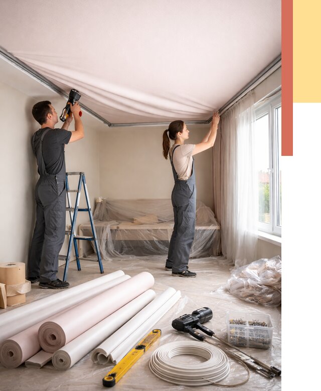 Монтаж цветного натяжного потолка в Ухте от 4253 руб/м² — быстро и недорого | ОТДЕЛОЧНИК-Хта