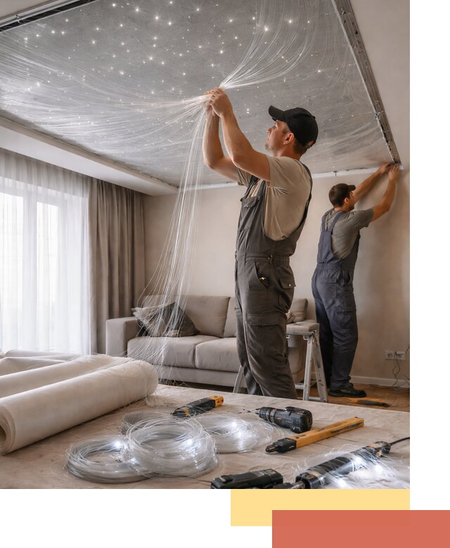 Монтаж натяжного потолка «Звездное небо» в Ухте