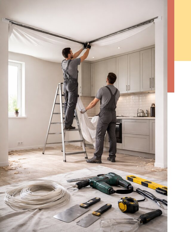 Установка натяжного потолка на кухне в Ухте от 2430 руб. | ОТДЕЛОЧНИК-Хта