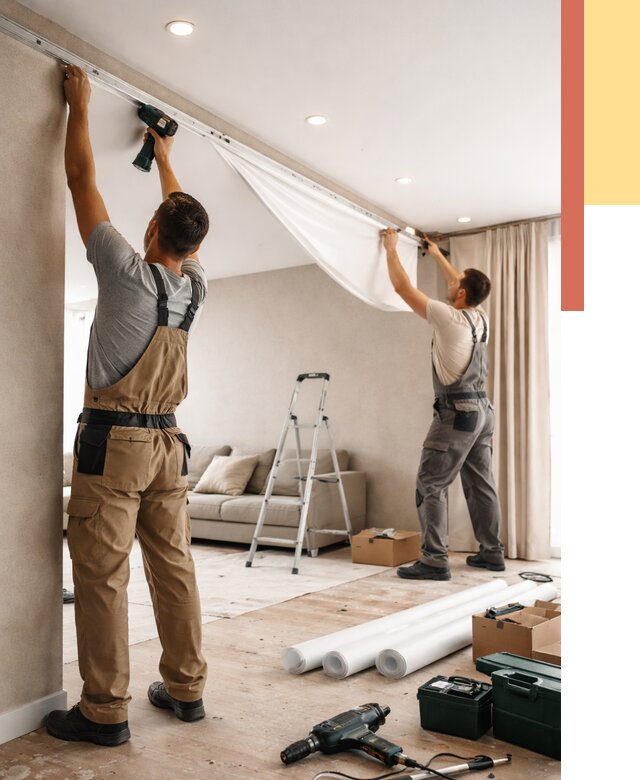 Монтаж натяжного потолка в гостиной в Ухте от 557 руб. | ОТДЕЛОЧНИК-Хта