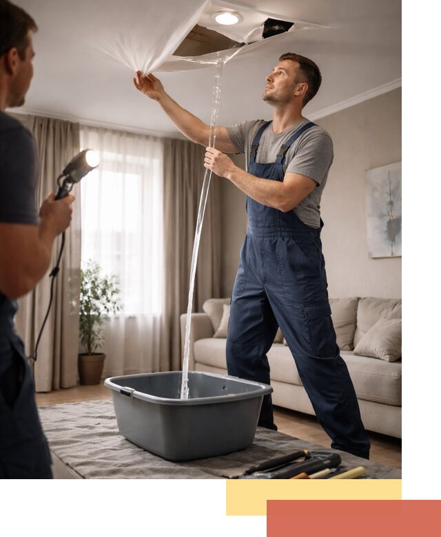 Слив воды с натяжного потолка в Ухте быстро и аккуратно