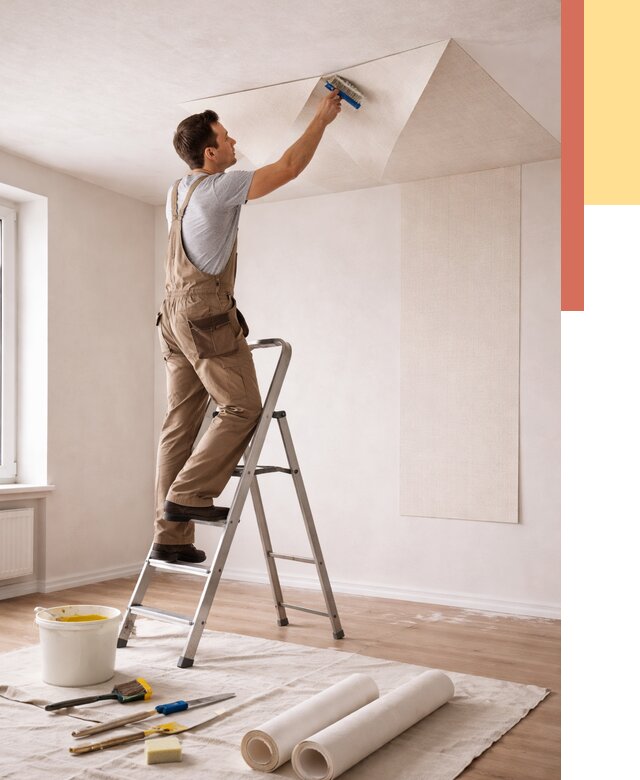 Поклейка обоев на потолок в Ухте от 4556 руб. быстро и недорого | ОТДЕЛОЧНИК-Хта